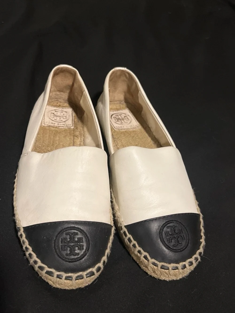 Tory Burch White Leather Espadrilles with Black Logo Cap Toe